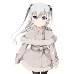  1girl absurdres bangs blue_eyes blush blush_stickers bow buttons closed_mouth coat ears_visible_through_hair fur_trim grey_bow grey_hair hair_bow highres long_sleeves looking_at_viewer misteor original solo twintails white_background 