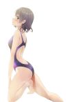  1girl ass blue_eyes blue_swimsuit competition_swimsuit cowboy_shot grey_hair logo looking_at_viewer love_live! love_live!_sunshine!! one-piece_swimsuit profile redame short_hair simple_background smile solo swimsuit watanabe_you white_background 