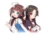  2girls :d ahoge bangs black_jacket blue_dress blue_eyes blush bow brown_hair brown_vest closed_mouth dress gradient_hair hair_bow hand_up hinatsuru_ai jacket long_hair long_sleeves looking_at_viewer low_twintails multicolored_hair multiple_girls one_eye_closed one_side_up open_mouth puffy_short_sleeves puffy_sleeves red_bow red_eyes ryuuou_no_oshigoto! school_uniform shirt short_over_long_sleeves short_sleeves shou_xian_wu sidelocks simple_background smile twintails upper_teeth very_long_hair vest white_background white_shirt yashajin_ai 