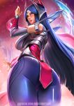  1girl ass badcompzero blue_eyes blue_hair bodysuit breasts circlet highres irelia league_of_legends looking_at_viewer looking_back looking_down parted_lips skin_tight smile solo thighs tight 