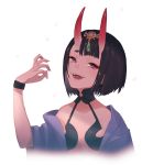  1girl :d bangs black_hair breasts collarbone commentary_request eyebrows_visible_through_hair fangs fate/grand_order fate_(series) hand_up highres japanese_clothes kimono looking_at_viewer off_shoulder open_clothes open_kimono open_mouth petals purple_kimono short_hair shuten_douji_(fate/grand_order) simple_background small_breasts smile solo thick_eyebrows violet_eyes white_background yoo_(tabi_no_shiori) 