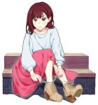  1girl bangs boots brown_eyes brown_footwear brown_hair chu_kai_man cross-laced_footwear furihata_ai high_heel_boots high_heels long_skirt long_sleeves looking_at_viewer outline parted_lips pink_skirt real_life redhead seiyuu shirt shoes sitting sitting_on_stairs skirt solo stairs transparent_background tying_shoes white_outline white_shirt 