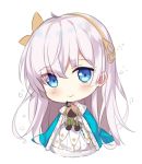  1girl anastasia_(fate/grand_order) bangs blue_cloak blue_eyes blush brown_hairband brown_ribbon chibi cloak closed_mouth commentary crown dress eyebrows_visible_through_hair fate/grand_order fate_(series) full_body hair_between_eyes hair_ribbon hairband head_tilt hitsukuya holding light_brown_hair long_hair mini_crown ribbon royal_robe silver_hair simple_background solo standing very_long_hair white_background white_dress 