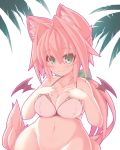  1girl animal_ears blush breast_grab breasts cleavage grabbing green_eyes hair_intakes large_breasts long_hair navel original pink_hair ponytail rikumaru solo souffle_gamberetto tail underwear very_long_hair 