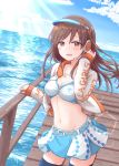  1girl belt bikini blush breasts brown_eyes brown_hair cleavage clouds copyright_name cowboy_shot day floating_hair groin hand_in_hair headphones headset hitsuji_nata idolmaster idolmaster_cinderella_girls jacket jewelry long_hair looking_at_viewer medium_breasts midriff navel necklace nitta_minami ocean open_clothes open_jacket open_mouth outdoors pendant pier skirt sky smile solo sparkle standing sunlight swimsuit thigh-highs twitter_username wind 