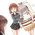  3girls :d alternate_costume bangs black_skirt blue_eyes blush boko_(girls_und_panzer) brown_eyes brown_hair cake cake_costume candle commentary_request constricted_pupils costume dress_shirt english eyebrows_visible_through_hair food frown girls_und_panzer grey_shirt happy_birthday itsumi_erika kitayama_miuki kuromorimine_school_uniform locked_arms long_hair long_sleeves looking_at_another looking_at_viewer miniskirt motion_lines multiple_girls nishizumi_maho nishizumi_miho open_mouth pleated_skirt restrained school_uniform shirt short_hair siblings silver_hair simple_background sisters skirt smile standing v-shaped_eyebrows white_background 