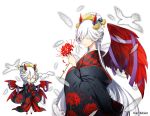  aki_no_jikan androgynous bird checkered closed_eyes covered_mouth eyebrows eyelashes feathers floral_print flower hair_ornament holding holding_flower hood horn long_hair maru-kichi multiple_views official_art pointy_ears purple_ribbon red_wings ribbon standing very_long_hair watermark white_hair white_legwear wide_sleeves wings 