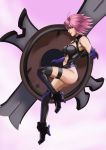  armor armored_dress bare_shoulders boots breasts cleavage_cutout elbow_gloves fate/grand_order fate_(series) from_side gloves high_heels highres holding_shield jumping kouichi09 large_breasts lavender_hair mash_kyrielight navel_cutout pink_hair purple_gloves shield short_hair thigh-highs thigh_boots thigh_strap thighs violet_eyes 