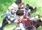  3girls belt black_bow black_footwear black_gloves black_hat black_legwear black_sailor_collar black_skirt blue_eyes blue_shawl boots bow brown_eyes brown_hair brown_legwear commentary_request facial_scar fingerless_gloves flat_cap gangut_(kantai_collection) gloves grass grey_hair hair_bow hair_ornament hairclip hammer_and_sickle hat hibiki_(kantai_collection) highres hizuki_yayoi jacket jacket_on_shoulders kantai_collection long_hair looking_at_viewer low_twintails lying military military_jacket military_uniform multiple_girls orange_eyes pantyhose papakha peaked_cap pleated_skirt red_eyes red_shirt remodel_(kantai_collection) sailor_collar scar scar_on_cheek scarf school_uniform serafuku shirt short_sleeves silver_hair sitting skirt star tashkent_(kantai_collection) thigh-highs thigh_boots torn_scarf twintails uniform verniy_(kantai_collection) white_hat white_jacket white_scarf 