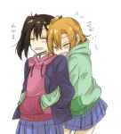  2girls bangs blue_skirt blush bow closed_eyes graphite_(medium) hair_between_eyes hair_bow hands_in_pockets hug hug_from_behind kousaka_honoka long_sleeves love_live! love_live!_school_idol_project multiple_girls one_side_up open_mouth orange_hair pleated_skirt red_bow skirt traditional_media translation_request twintails white_background yazawa_nico yellow_bow yuuta_(monochrome) 