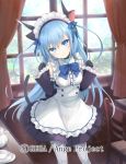  1girl ange_vierge animal_ears black_gloves blue_bow blue_eyes blue_hair bow cat_ears cat_tail chair cup curtains day gloves hands_up indoors long_hair looking_at_viewer maid official_art omega_47_toto saucer shamonor smile solo standing tail teacup teapot very_long_hair watermark white_legwear window 