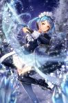  1girl apron boots dagger ekm fire_emblem fire_emblem_if flora_(fire_emblem_if) grey_eyes highres ice long_hair maid maid_apron maid_headdress night night_sky sky snowflakes solo sparkle thigh-highs tree twintails weapon 