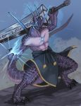  1boy blue_eyes blue_fire fire highres lizardman open_mouth original scales scar sword tail tesshii_(riza4828) weapon 