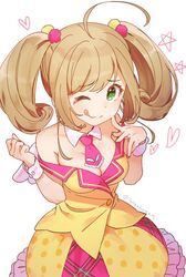  1girl :q ;q ahoge bangs blonde_hair blush breasts cleavage cowboy_shot dress eyebrows_visible_through_hair fake_wings finger_to_cheek frilled_dress frills green_eyes hair_ornament heart idolmaster idolmaster_cinderella_girls large_breasts long_hair looking_at_viewer one_eye_closed satou_shin simple_background smile solo star swept_bangs taranbo tongue tongue_out twintails twitter_username white_background wings wrist_cuffs yellow_dress 