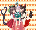  3girls :d ;) animal_ears aura brown_eyes brown_hair bubble_skirt cat_ears cat_tail chen dress expressionless fang fang_out haruirokomici hata_no_kokoro imaizumi_kagerou long_hair mask monkey_mask multicolored multicolored_background multiple_girls multiple_tails one_eye_closed open_mouth pink_hair plaid plaid_shirt red_eyes shirt short_hair short_sleeves skirt smile sweatdrop tabard tail touhou two_tails v wolf_ears wolf_tail 