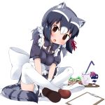  1girl :o alternate_costume alternate_legwear animal_ears black_bow black_hair bow bowtie brown_eyes commentary_request common_raccoon_(kemono_friends) cup drinking_glass drinking_straw enmaided fang food full_body gloves grey_hair hair_ribbon head_tilt highres japari_symbol kemono_friends legs_crossed looking_at_viewer maid makuran multicolored_hair notepad parfait puffy_short_sleeves puffy_sleeves raccoon_ears raccoon_tail red_ribbon ribbon shoes short_sleeves simple_background sitting solo tail thigh-highs tray white_background white_gloves white_hair white_legwear 