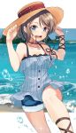  1girl :d anchor_necklace beach black_ribbon blue_eyes cross-laced_footwear denim denim_shorts grey_hair hands_on_headwear hat highres looking_at_viewer love_live! love_live!_sunshine!! nanotsuki ocean open_mouth ribbon short_hair short_shorts shorts smile solo sparkle splashing straw_hat sun_hat watanabe_you wrist_ribbon 