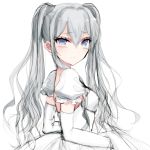  1girl absurdres bangs bent_elbow blue_eyes blush blush_stickers breasts commentary detached_sleeves dress eyebrows_visible_through_hair grey_hair hair_between_eyes highres juliet_sleeves long_hair long_sleeves looking_at_viewer misteor original puffy_sleeves revision solo twintails white_background white_dress 