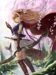  1girl arisa_(shadowverse) arrow bangs belt blonde_hair boots bow_(weapon) breasts brown_footwear brown_gloves cape cherry_blossoms day dress elbow_gloves eyebrows_visible_through_hair feet_out_of_frame flower forest from_side gloves gohei_(aoi_yuugure) green_eyes hair_ribbon highres holding holding_bow_(weapon) holding_weapon long_hair looking_at_viewer medium_breasts nature outdoors parted_lips petals pointy_ears quiver red_cape ribbon shadowverse sheath sleeveless sleeveless_dress solo spring_(season) standing sword thigh-highs thigh_boots tree water weapon wind 