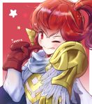 1girl anna_(fire_emblem) armor blush cape fire_emblem fire_emblem_heroes gloves highres ippers long_hair looking_at_viewer one_eye_closed ponytail red_eyes redhead smile solo 