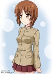  1girl alternate_costume bangs blue_background brown_eyes brown_hair brown_jacket chi-hatan_school_uniform circle closed_mouth commentary cowboy_shot dated eyebrows_visible_through_hair flipper girls_und_panzer high_collar jacket long_sleeves looking_to_the_side miniskirt nishizumi_miho pleated_skirt red_skirt short_hair skirt smile solo standing twitter_username 