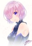  1girl bare_shoulders black_gloves breasts closed_mouth elbow_gloves fate/grand_order fate_(series) from_side gloves hair_over_one_eye impossible_clothes lips looking_at_viewer looking_to_the_side mash_kyrielight medium_breasts pink_hair shiny shiny_skin short_hair signature smile solo tareme tsukimochikuriko_(tsukimochi_k) upper_body violet_eyes yellow_background 