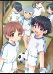  6+boys absurdres artist_request ball blue_eyes brown_eyes brown_hair buck_teeth captain_tsubasa commentary_request curly_hair door eyebrows eyebrows_visible_through_hair fist_pump grey_hair grin hair_over_one_eye highres indoors ishizaki_ryou izawa_mamoru kisugi_teppei long_hair male_focus misaki_tarou multiple_boys oozora_tsubasa opening_door shirt short_hair shorts smile soccer_ball soccer_uniform socks sportswear taki_hajime 