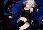  1girl banner black_dress black_footwear black_panties blue_coat boots breasts cleavage collarbone dress fate/grand_order fate_(series) fukuda935 fur_trim hair_between_eyes holding holding_sword holding_weapon jeanne_d&#039;arc_(alter)_(fate) jeanne_d&#039;arc_(fate)_(all) jewelry knee_boots medium_breasts necklace panties pantyshot short_dress short_hair signature silver_hair sleeveless sleeveless_dress solo sword underwear weapon yellow_eyes 