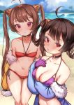  2girls ahoge azur_lane beach bikini black_hair blurry breast_hold breasts brown_hair choker depth_of_field fur_trim gloves halterneck hand_on_own_chest highres looking_at_viewer medium_breasts multiple_girls navel ning_hai_(azur_lane) off_shoulder outdoors parted_lips ping_hai_(azur_lane) purple_bikini purple_gloves red_bikini red_eyes side-tie_bikini small_breasts sparkle sunege_(hp0715) swimsuit thigh_gap 