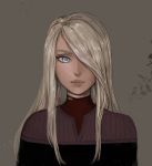  1girl alternate_costume blonde_hair blue_eyes closed_mouth grey_background hair_over_one_eye highres long_hair looking_at_viewer matilda_vin nier_(series) nier_automata one_eye_covered pink_lips simple_background solo star_trek star_trek:_voyager upper_body yorha_type_a_no._2 