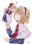  2girls alice_margatroid apron blonde_hair blue_eyes capelet closed_eyes colored_eyelashes doll floating hair_ribbon hairband heart long_hair looking_at_another multiple_girls neckerchief necktie ribbon shanghai_doll short_hair signature smile spoken_heart sweatdrop touhou upper_body white_background 