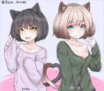  2girls :d animal_ears black_hair blonde_hair blue_eyes blush breasts brown_hair cat_ears character_name cleavage closed_mouth commentary disco_brando english_commentary eyebrows_visible_through_hair fang gradient_hair green_sweater hands_up heart_tail_duo long_sleeves multicolored_hair multiple_girls off_shoulder open_mouth original pink_sweater short_hair sleeves_past_wrists smile sweater v yellow_eyes 