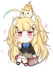  1girl :&lt; ahoge animal animal_ears animal_on_head azur_lane bailingxiao_jiu bangs bird black_blazer black_footwear blazer blonde_hair blue_hair blue_neckwear blush book bow bowtie brown_skirt cat cat_ears cat_on_head chibi eldridge_(azur_lane) eyebrows_visible_through_hair facial_hair gradient_hair hair_ornament hairclip index_finger_raised jacket kemonomimi_mode kneehighs long_hair long_sleeves looking_at_viewer multicolored_hair on_head parted_lips petals red_eyes shoes sitting skirt solo striped_neckwear triangle_mouth two_side_up very_long_hair white_background white_legwear 