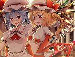  2girls :d :p ascot bangs blue_hair blurry blurry_foreground bow brooch crystal depth_of_field eyebrows_visible_through_hair flandre_scarlet frilled_shirt_collar frilled_sleeves frills gem hat hat_bow jewelry looking_at_viewer looking_to_the_side mob_cap multiple_girls open_mouth outstretched_arm puffy_short_sleeves puffy_sleeves red_bow red_eyes red_neckwear red_vest remilia_scarlet shiny shiny_hair shirt short_sleeves simple_background smile tareme tongue tongue_out touhou tsurime upper_body vest white_hat white_shirt wings yuuka_nonoko 