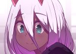  1girl absurdres aqua_eyes blush closed_mouth dark_skin darling_in_the_franxx eyebrows_visible_through_hair face gradient gradient_background hair_between_eyes highres horns long_hair nagisa_(cxcx5235) oni pink_hair portrait smile solo spoilers tareme younger zero_two_(darling_in_the_franxx) 
