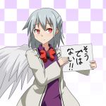  1girl cato_(monocatienus) checkered checkered_background eyebrows_visible_through_hair frown gradient gradient_background grey_hair holding holding_sign kishin_sagume long_sleeves looking_at_viewer medium_hair red_eyes sign simple_background single_wing solo touhou translated upper_body white_background wings 