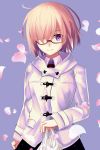  1girl black_skirt cherry_blossoms eyebrows_visible_through_hair fate/grand_order fate_(series) glasses hair_over_one_eye highres holding_bag looking_at_viewer mash_kyrielight mishiro0229 pink_hair red-framed_eyewear short_hair skirt smile solo standing violet_eyes white_coat 