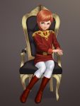  1girl belt boots chair child commentary_request grey_background gundam hand_on_hand highres irotsuya legs_together lips military military_uniform mineva_lao_zabi mobile_suit_gundam orange_hair short_hair simple_background sitting solo uniform zeon 