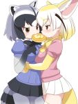  2girls animal_ears arm_around_waist blonde_hair blue_hair bow bowtie commentary_request common_raccoon_(kemono_friends) eating elbow_gloves fennec_(kemono_friends) food fox_ears fox_tail fur_collar fur_trim gloves grey_hair japari_bun kemono_friends multicolored_hair multiple_girls pantyhose pleated_skirt puffy_short_sleeves puffy_sleeves raccoon_ears raccoon_tail short_hair short_sleeves skirt tail thigh-highs umi_no_tarako white_hair 