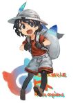  1girl :d absurdres backpack bag black_eyes black_gloves black_hair black_legwear brown_footwear commentary_request english gloves grey_hat grey_shorts hat_feather helmet highres japari_symbol kaban_(kemono_friends) kemono_friends lain looking_at_viewer lucky_beast_(kemono_friends) open_mouth pantyhose pantyhose_under_shorts pith_helmet red_shirt shirt shoes short_hair shorts simple_background smile solo standing translation_request wavy_hair white_background 