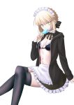 absurdres apron artoria_pendragon_(all) black_bra black_jacket black_legwear black_ribbon blonde_hair bra breasts brown_skirt choker cleavage eyebrows_visible_through_hair fate/stay_night fate_(series) food frilled_apron frilled_bra frilled_skirt frills hair_between_eyes hair_ribbon highres holding holding_food ice_cream invisible_chair jacket legs_crossed looking_at_viewer maid maid_headdress miniskirt mishiro0229 open_clothes open_jacket ribbon saber_alter short_hair simple_background sitting skirt small_breasts thigh-highs underwear unzipped white_apron white_background yellow_eyes 