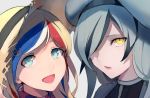  2girls beret blonde_hair blue_eyes blue_hair commandant_teste_(kantai_collection) commentary_request grey_hair hair_over_one_eye hat kantai_collection long_hair looking_at_viewer multicolored_hair multiple_girls open_mouth redhead scarf seaplane_tender_water_hime shinkaisei-kan smile streaked_hair sun_hat upper_body walzrj white_hair yellow_eyes 