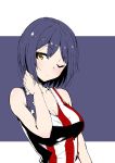  1girl ;/ american_flag american_flag_print bangs bare_arms bare_shoulders blush breasts cleavage closed_mouth collarbone eyebrows_visible_through_hair flag_print hand_on_own_neck hand_up kaname_nagi looking_at_viewer medium_breasts nijisanji one_eye_closed purple_hair shizuka_rin short_hair sketch solo tank_top two-tone_background upper_body virtual_youtuber yellow_eyes 