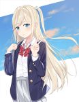  1girl bag bangs black_jacket blazer blonde_hair blue_eyes blue_sky blush bow bowtie clouds collared_shirt day dress_shirt eyebrows_visible_through_hair grey_skirt highres jacket long_hair long_sleeves looking_at_viewer mirai_(mirai76_) one_side_up open_clothes open_jacket original outside_border pleated_skirt red_bow red_neckwear school_bag school_uniform shiny shiny_hair shirt shirt_tucked_in skirt sky solo striped striped_bow striped_neckwear swept_bangs tareme upper_body v very_long_hair white_shirt wing_collar 