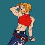  1girl abs baggy_pants bare_shoulders belt biceps blonde_hair blue_background blue_eyes blue_mary bob_cut bracelet cowboy_shot crop_top fatal_fury fingerless_gloves gloves hand_in_hair jewelry kris_anka looking_at_viewer midriff multiple_belts muscle muscular_female pants short_hair solo the_king_of_fighters toned 