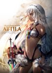 1girl altera_(fate) backlighting bangs bare_shoulders breasts character_name closed_mouth comiket_93 commentary_request contrapposto cowboy_shot dark_skin detached_sleeves english fate/grand_order fate_(series) frills from_side full_body_tattoo groin highres holding holding_sword holding_weapon legs_apart long_sleeves looking_afar movie_poster navel red_eyes revealing_clothes senzi short_hair small_breasts solo standing stomach sword tattoo text v-shaped_eyebrows veil weapon white_hair 