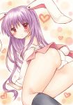  1girl absurdres all_fours animal_ears ass bangs bare_shoulders black_legwear blush bunny_tail closed_mouth commentary eyebrows_visible_through_hair feet_out_of_frame from_behind heart heart_background highres kneehighs lavender_hair long_hair long_sleeves looking_at_viewer panties partially_undressed pink_skirt rabbit_ears red_eyes reisen_udongein_inaba ria_(pixiv30053072) shirt skirt smile solo tail thighs touhou traditional_media underwear white_panties white_shirt 