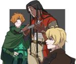  3boys bandage billy_the_kid_(fate/grand_order) black_hair blonde_hair bodypaint braid dark_skin dark_skinned_male fate/extra fate/grand_order fate_(series) fingerless_gloves geronimo_(fate/grand_order) gloves green_eyes green_gloves hair_over_one_eye hand_on_hip highres holding holding_knife knife long_hair looking_to_the_side mmmob11 multiple_boys orange_hair robin_hood_(fate) short_hair smile tongue tongue_out 