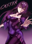  1girl breasts caster_(lostbelt) cleavage collarbone detached_sleeves dress fate/grand_order fate_(series) floating_hair gradient gradient_background hair_between_eyes hair_ornament highres large_breasts long_hair looking_at_viewer love-saber open_mouth pantyhose purple_dress purple_hair purple_legwear red_eyes sleeveless sleeveless_dress solo standing strapless strapless_dress very_long_hair 