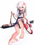  1girl ahoge anchor_symbol beize_(garbage) blue_eyes fang feet flower full_body hair_flower hair_ornament kantai_collection legs lifebuoy open_mouth ro-500_(kantai_collection) school_uniform solo strap swimsuit swimsuit_under_clothes tan tanline torpedo white_hair 